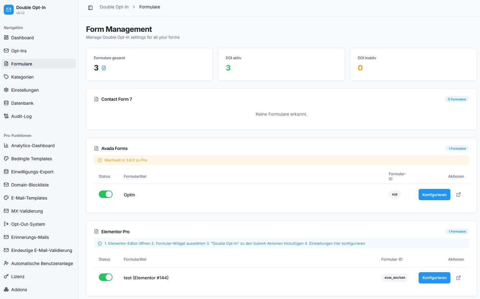 Erkennt Contact Form 7, Avada und Elementor Pro automatisch — Double-Opt-in pro Formular an- und ausschalten.