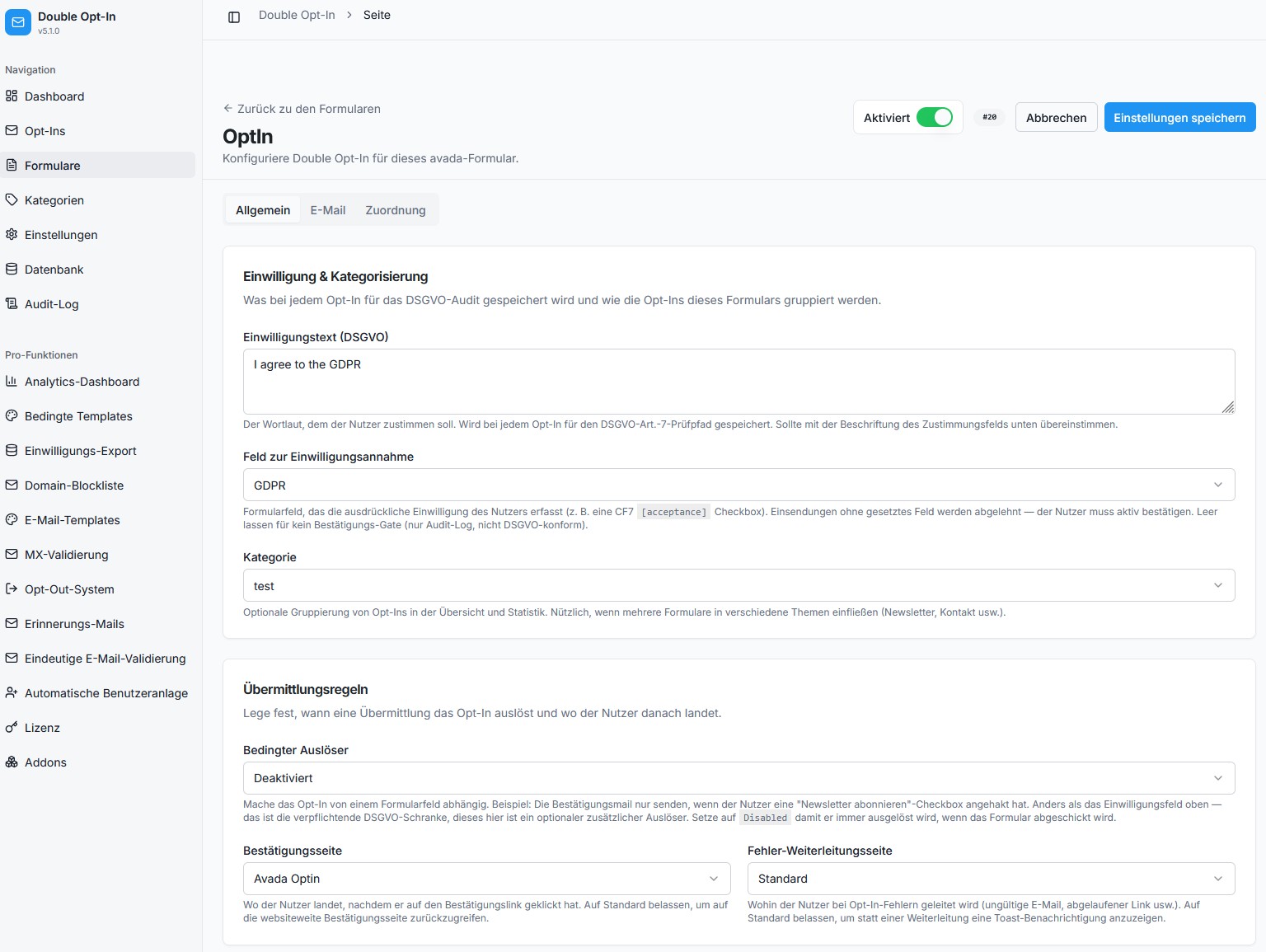 Pro Formular konfigurieren: DSGVO-Einwilligungstext, Pflicht-Checkbox und Weiterleitungen.