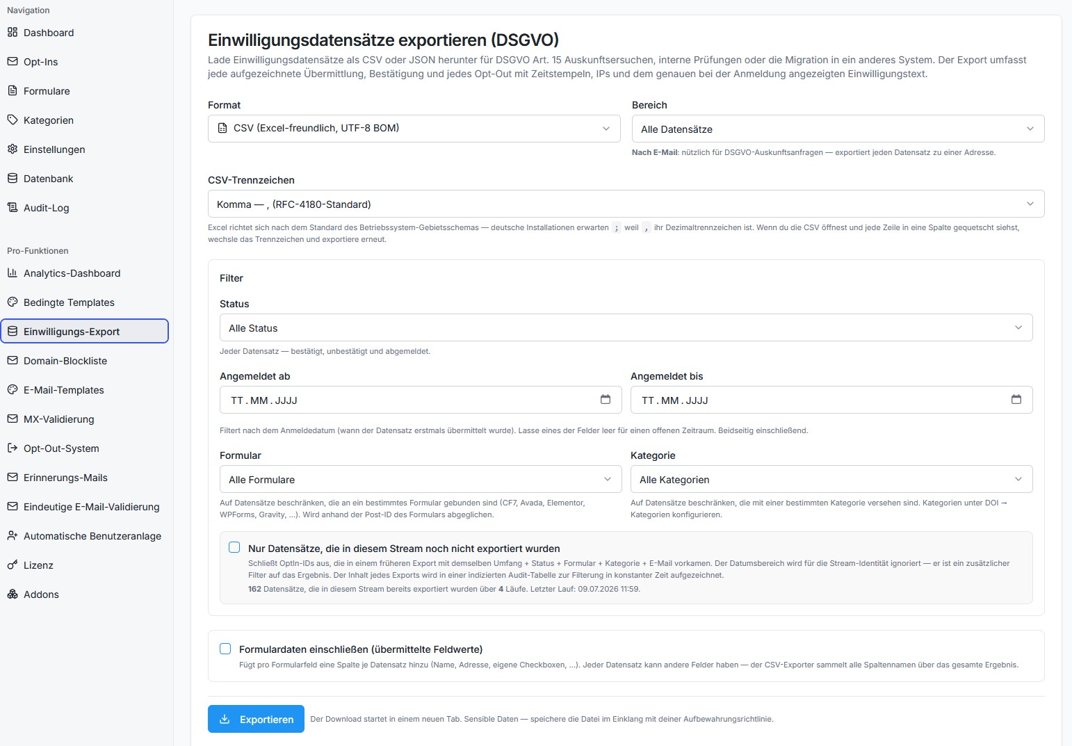 DSGVO-Export (Art. 15): alle Einwilligungen als CSV oder JSON — mit Zeitstempel, IP und Einwilligungstext.